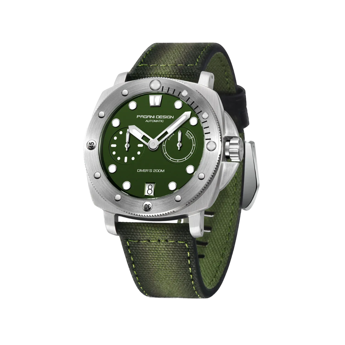 PAGANI DESIGN PD-1767 automatic diver watch with green dial and green canvas strap angled view