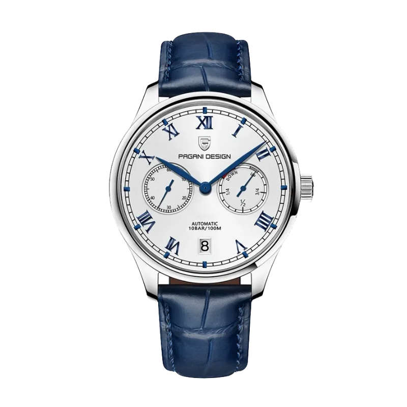 PAGANI DESIGN PD-1772 automatic watch with white dial blue Roman numerals and blue leather strap
