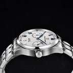 PAGANI DESIGN PD-1772 automatic watch side profile with white dial and steel bracelet crown view