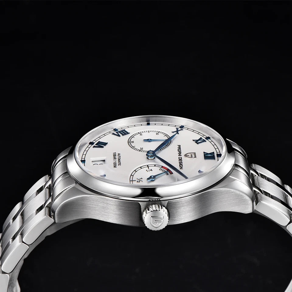 PAGANI DESIGN PD-1772 automatic watch side profile with white dial and steel bracelet crown view