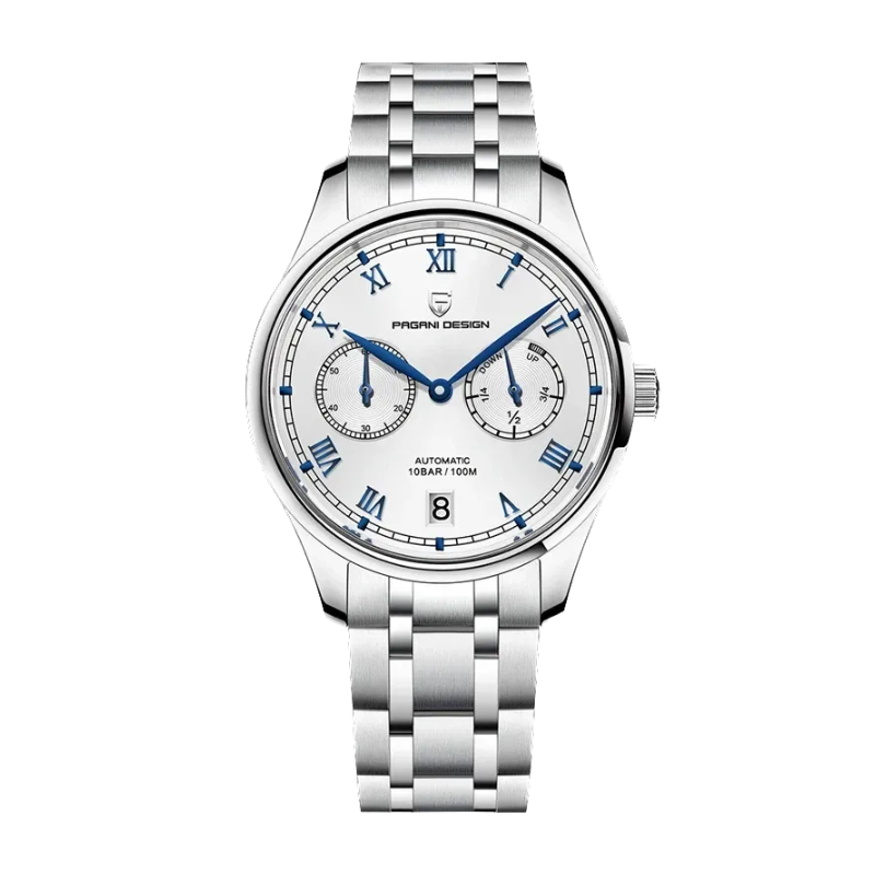 PAGANI DESIGN PD-1772 automatic watch with white dial and stainless steel bracelet front view