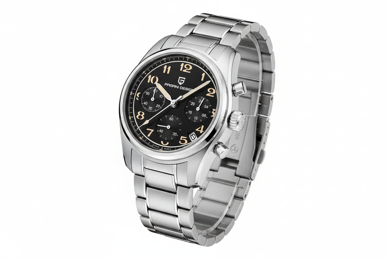 PAGANI DESIGN PD-1773 pilot chronograph watch with black dial and steel bracelet angled view