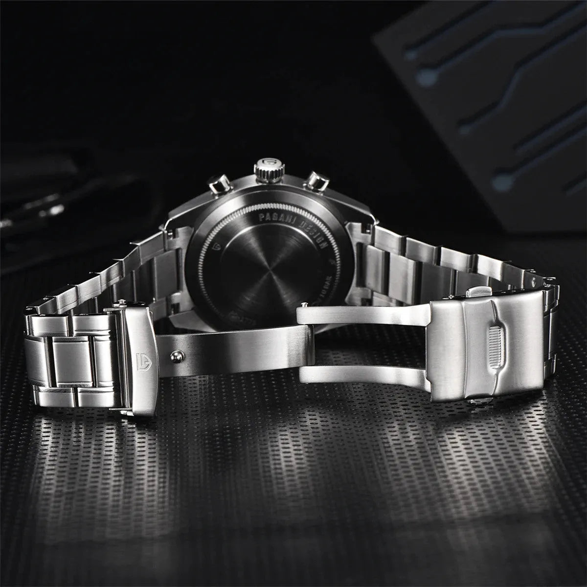 PAGANI DESIGN PD-1773 pilot chronograph watch with blue dial styled detail shot on prop