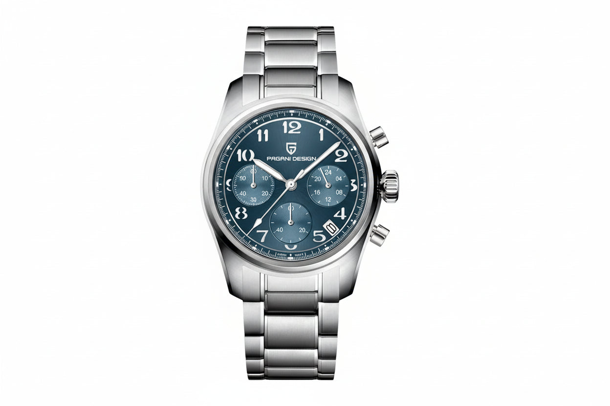 PAGANI DESIGN PD-1773 pilot chronograph watch with blue dial and stainless steel bracelet front view