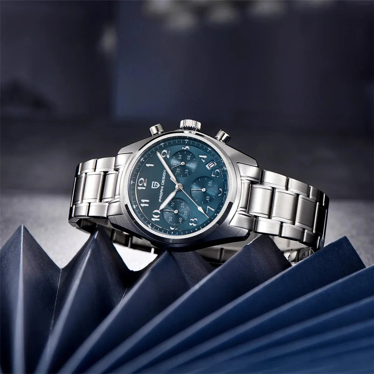 PAGANI DESIGN PD-1773 pilot chronograph watch caseback with steel bracelet deployant clasp