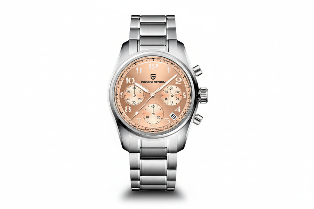 PAGANI DESIGN PD-1773 pilot chronograph watch with salmon dial and stainless steel bracelet front view