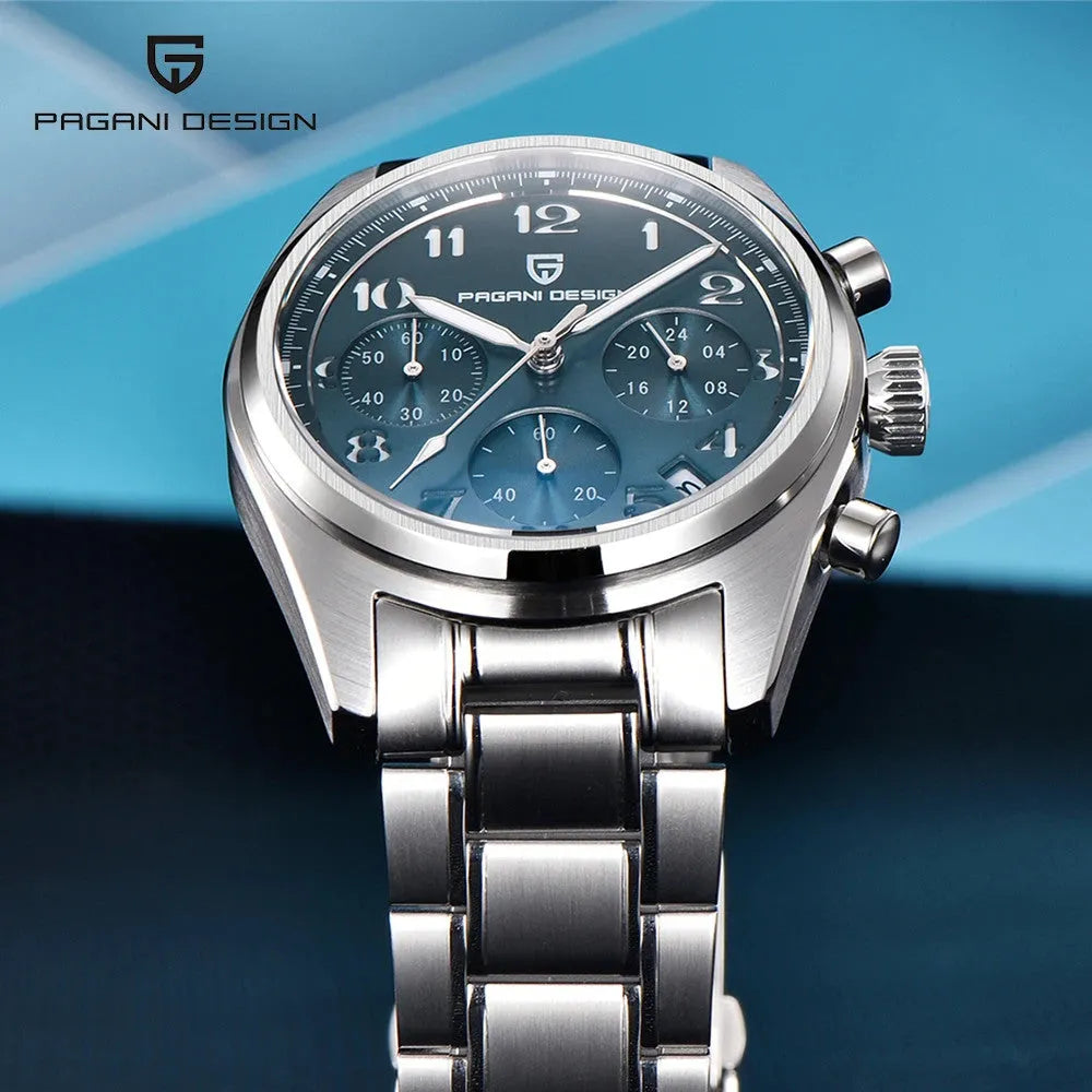 PAGANI DESIGN PD-1773 pilot chronograph men's watch with blue dial and stainless steel bracelet