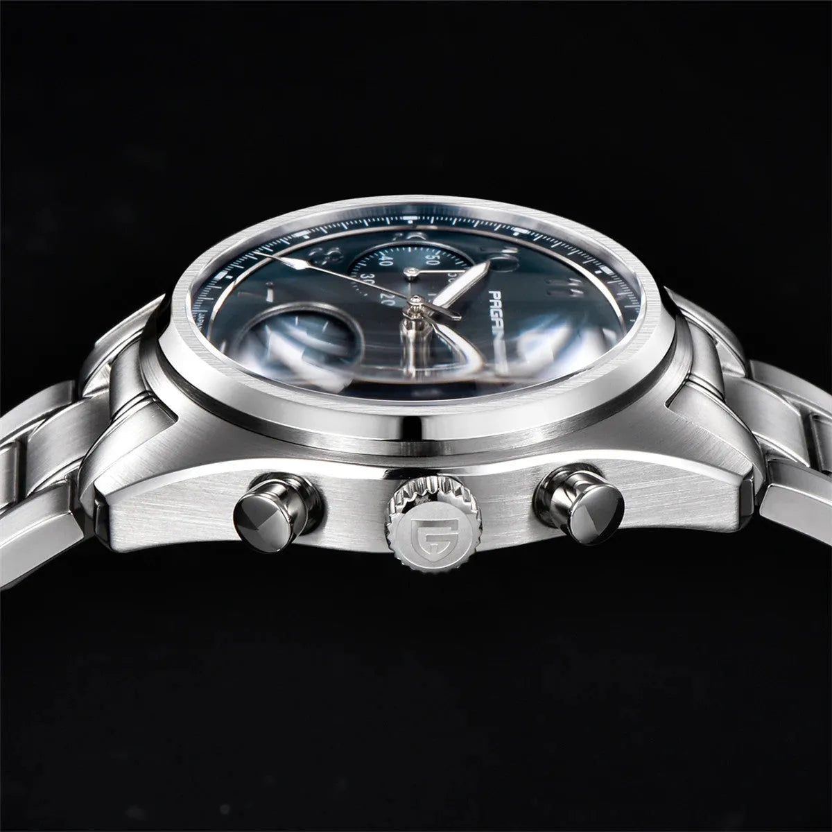 PAGANI DESIGN PD-1773 pilot chronograph men's watch side profile showing crown and pushers