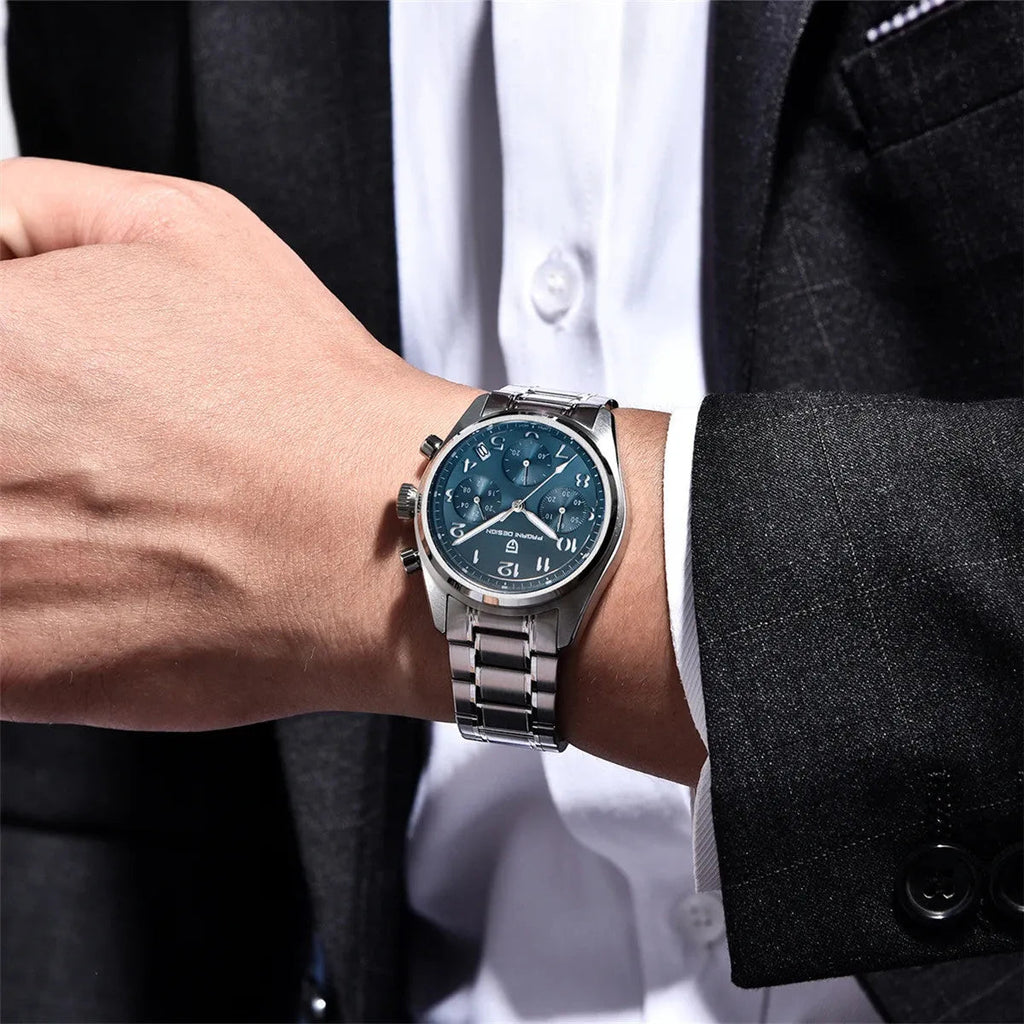 PAGANI DESIGN PD-1773 pilot chronograph watch with blue dial worn on wrist with suit