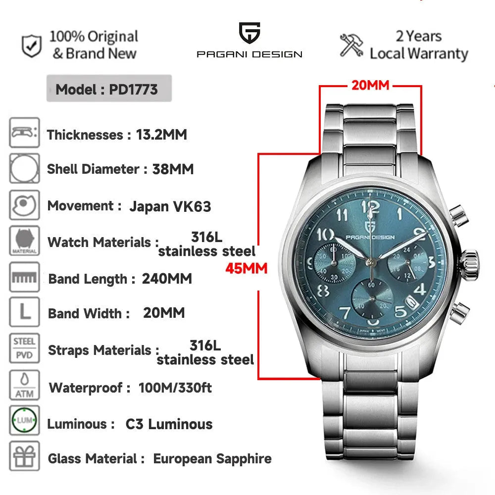 PAGANI DESIGN PD-1773 pilot chronograph watch specifications with 38mm case and 100M water resistance
