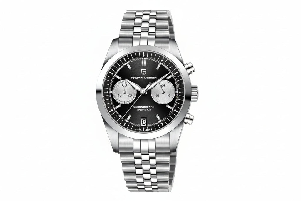 PAGANI DESIGN PD-1775 Men's Pilot Watch with silver black dial, angled view