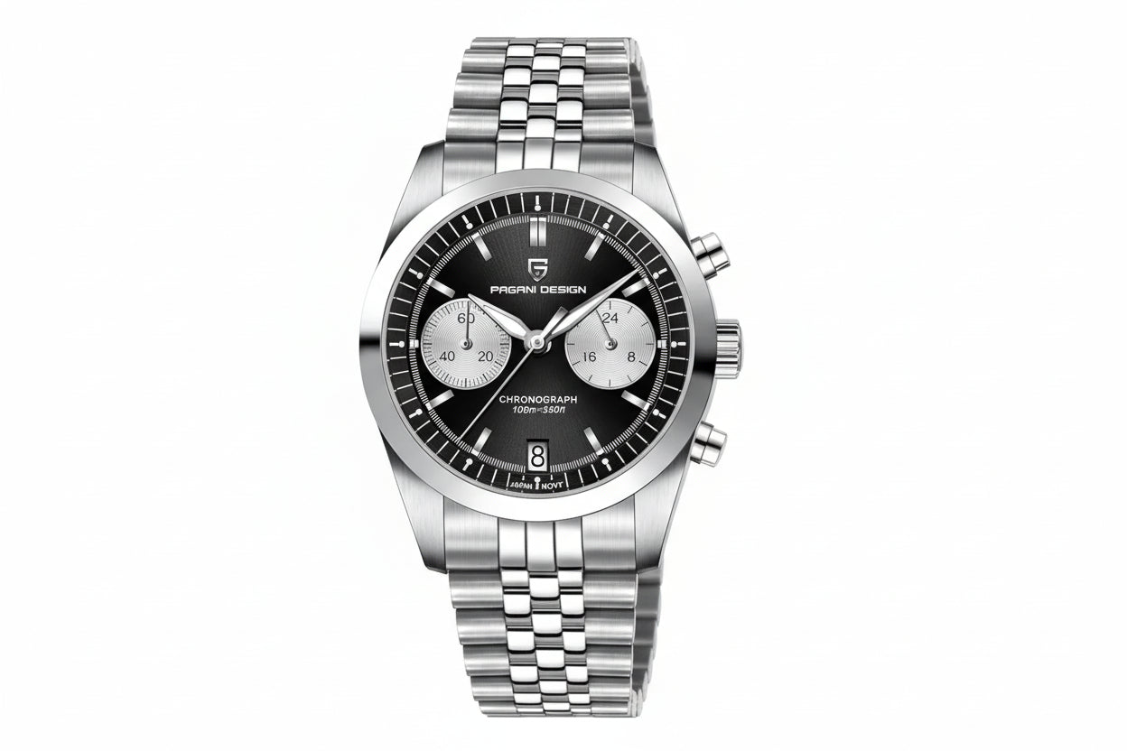 PAGANI DESIGN PD-1775 Men's Pilot Watch with silver black dial, angled view