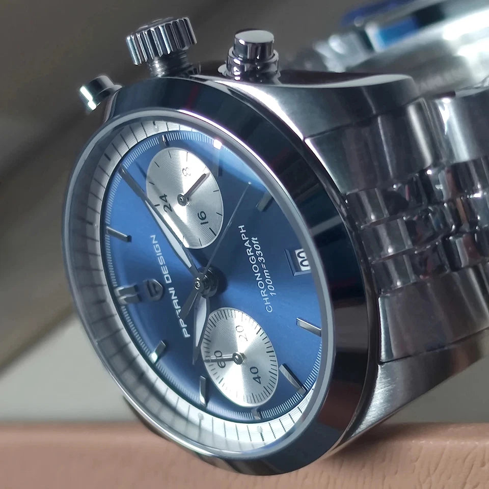 PAGANI DESIGN PD-1775 pilot chronograph watch close-up detail of crown pushers and blue dial
