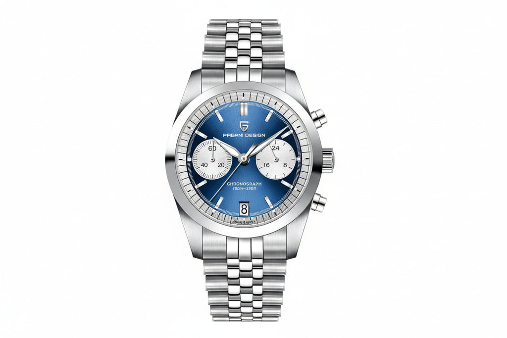 PAGANI DESIGN PD-1775 pilot chronograph watch with blue dial and stainless steel bracelet front view