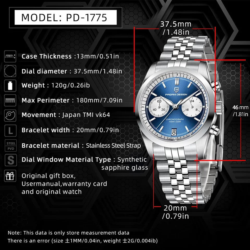 PAGANI DESIGN PD-1775 pilot chronograph specifications graphic with blue dial and steel bracelet