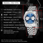 PAGANI DESIGN PD-1775 pilot chronograph specifications graphic with blue dial and steel bracelet