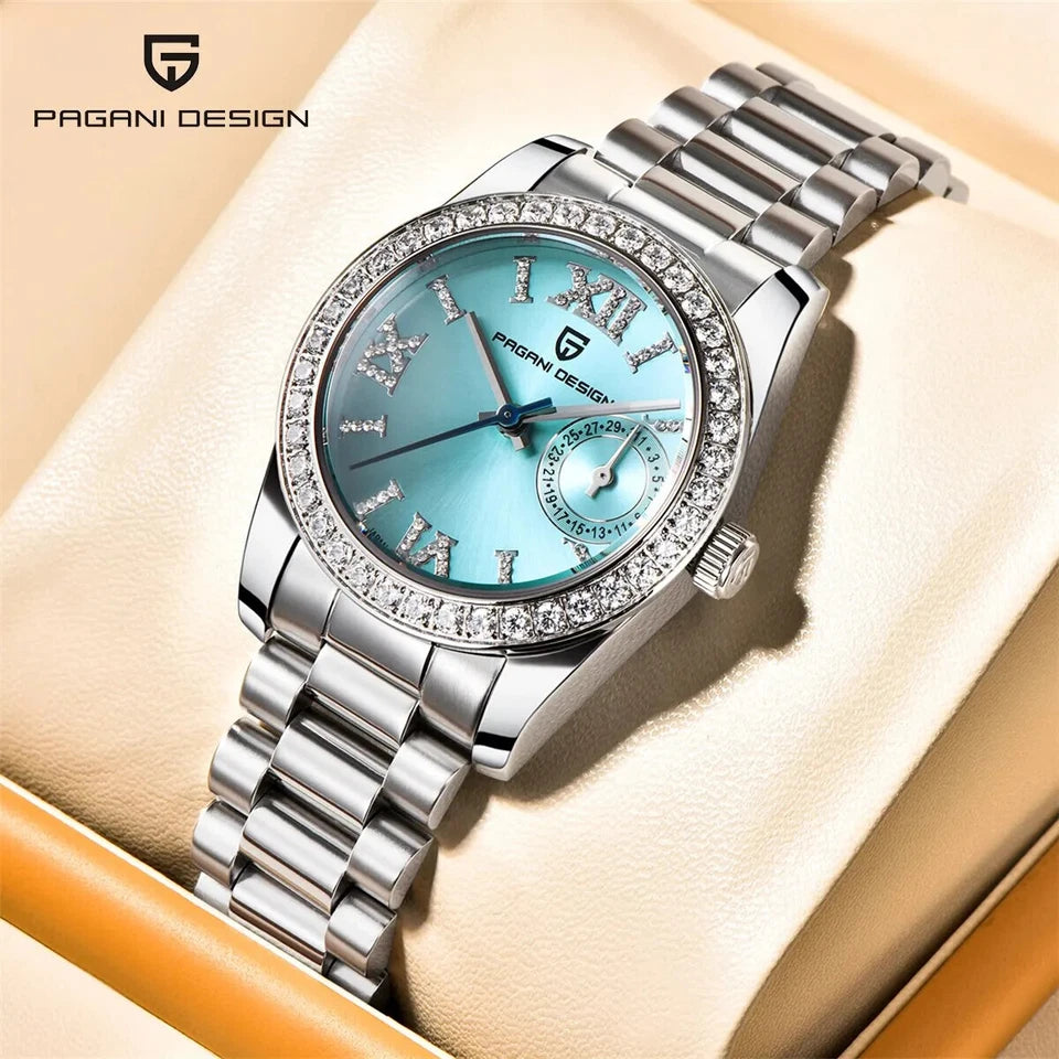 PAGANI DESIGN PD-1776 womens watch with blue dial in tan presentation box with diamond bezel