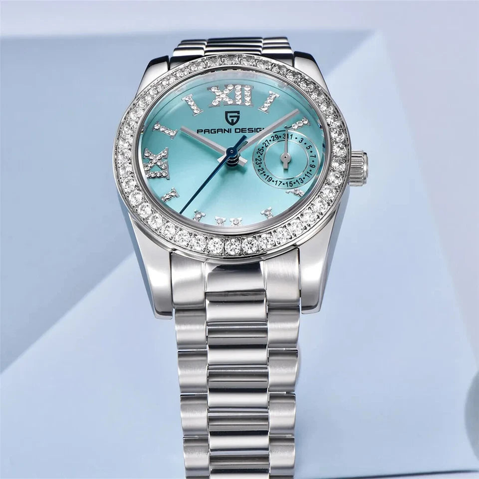 PAGANI DESIGN PD-1776 womens watch with blue dial and diamond bezel angled detail view