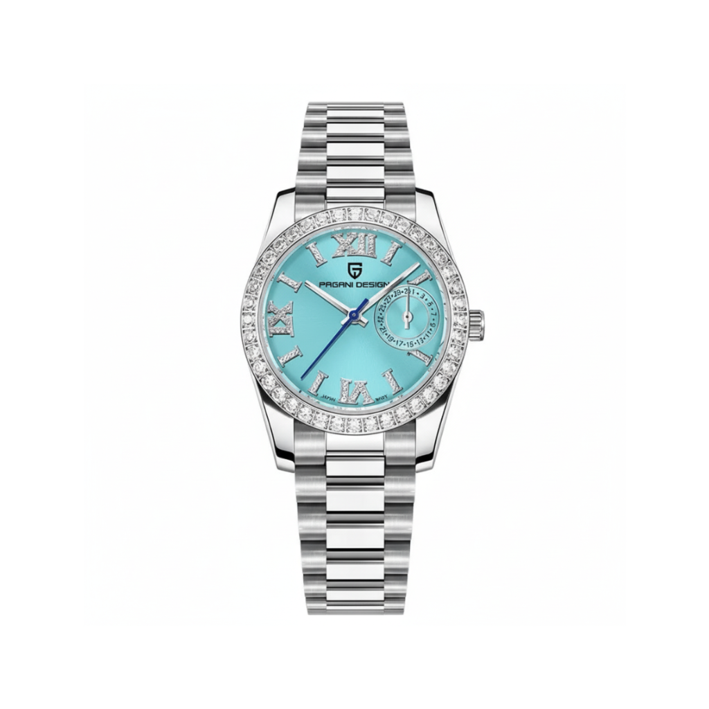 PAGANI DESIGN PD-1776 womens watch with light blue dial diamond bezel and steel bracelet