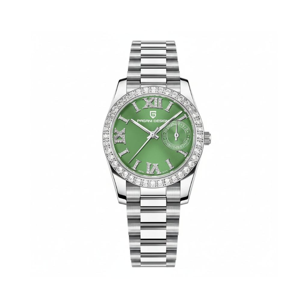 PAGANI DESIGN PD-1776 32mm women's watch with green dial Roman numerals and crystal bezel