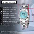 PAGANI DESIGN PD-1776 womens watch specifications graphic with blue dial and diamond bezel