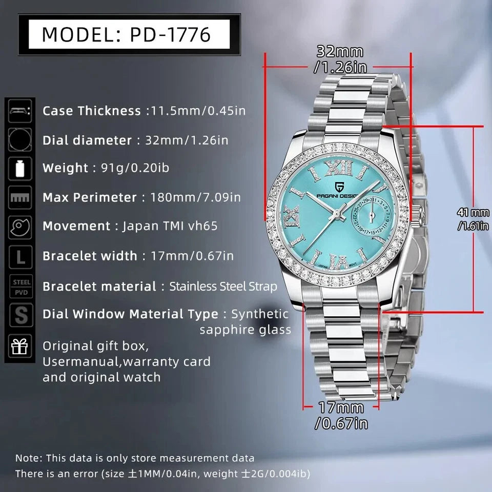 PAGANI DESIGN PD-1776 womens watch specifications graphic with blue dial and diamond bezel