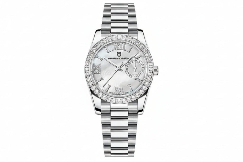 PAGANI DESIGN PD-1776 womens watch with white mother-of-pearl dial diamond bezel and steel bracelet
