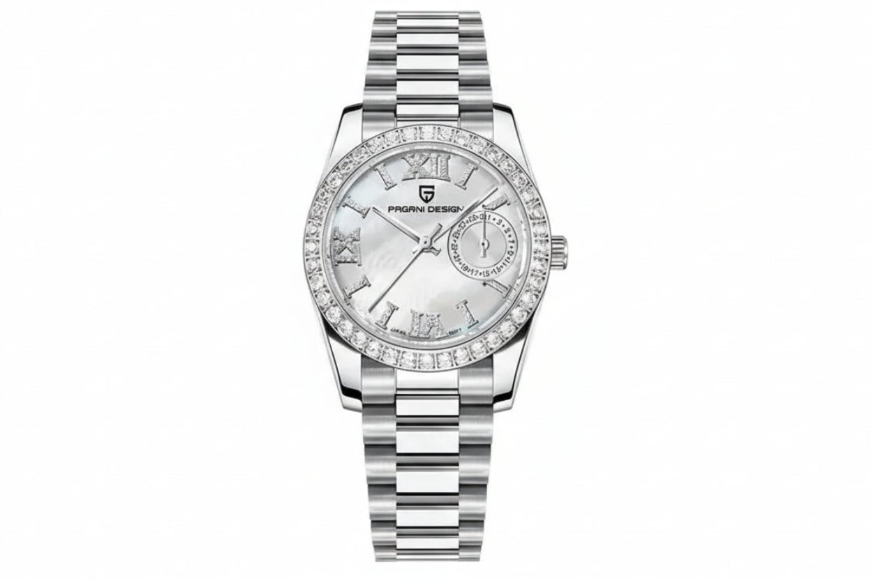 PAGANI DESIGN PD-1776 womens watch with white mother-of-pearl dial diamond bezel and steel bracelet