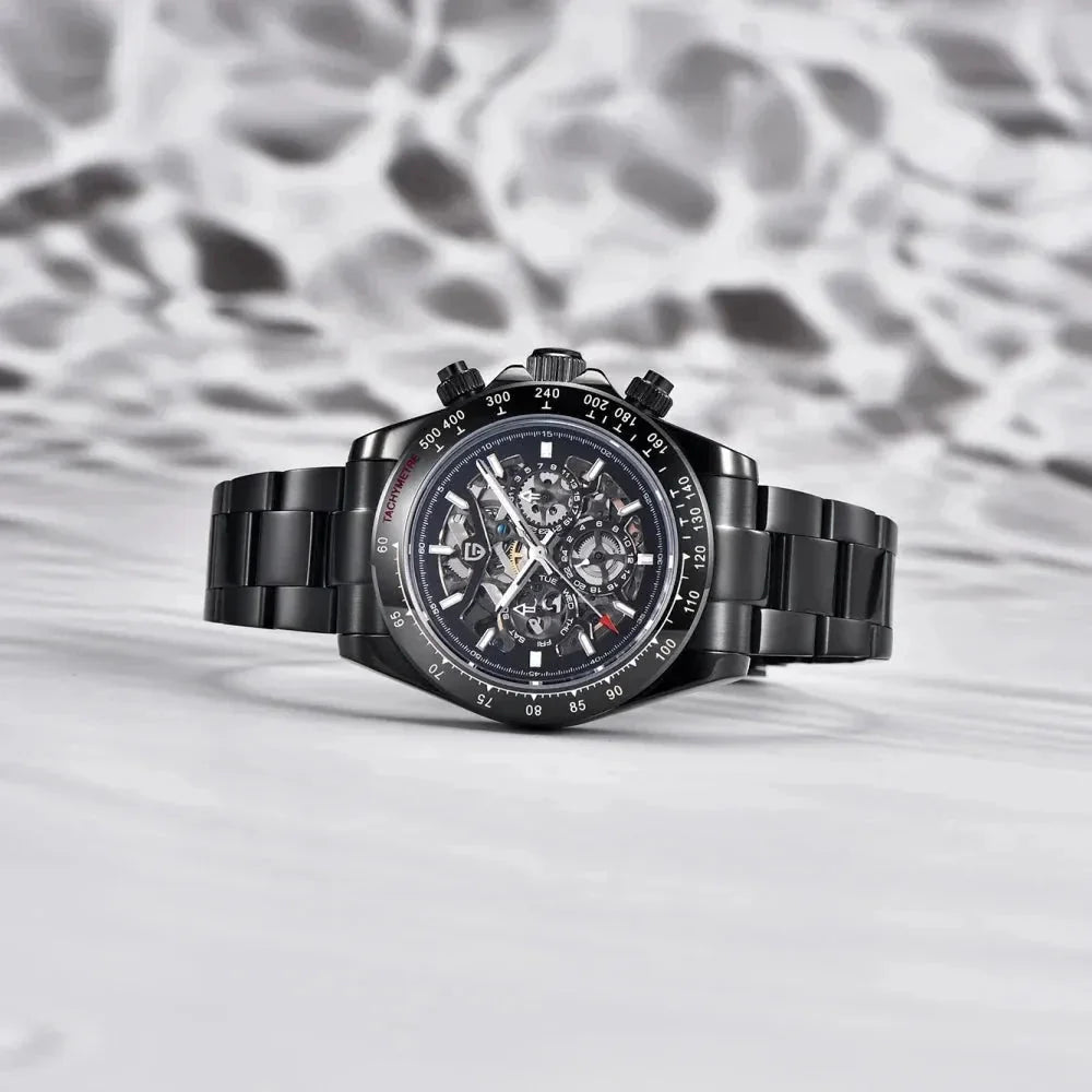Pagani Design PD-1777 all black PVD version angled on a light marble background