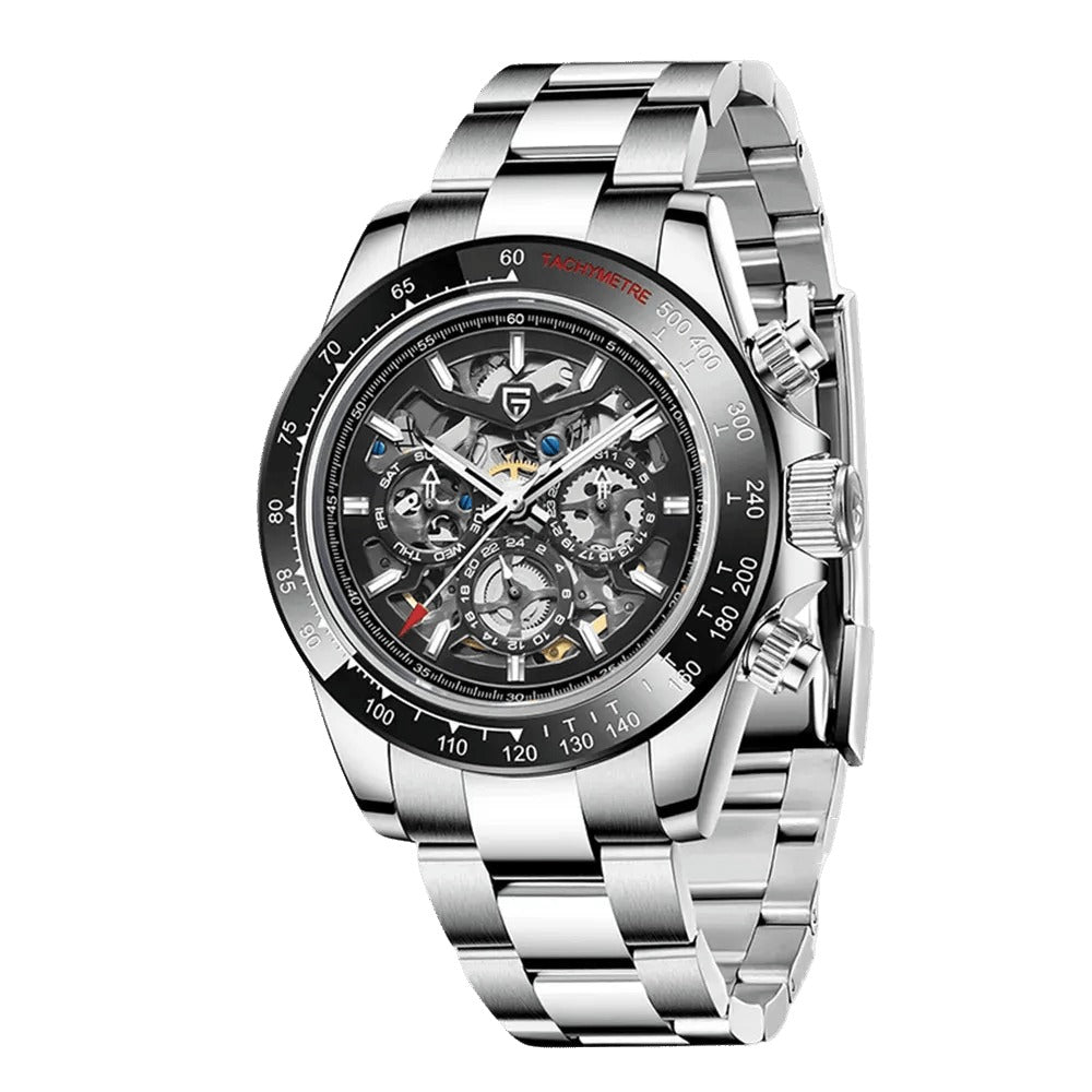 Pagani Design PD-1777 black tachymeter bezel skeleton dial automatic on steel bracelet