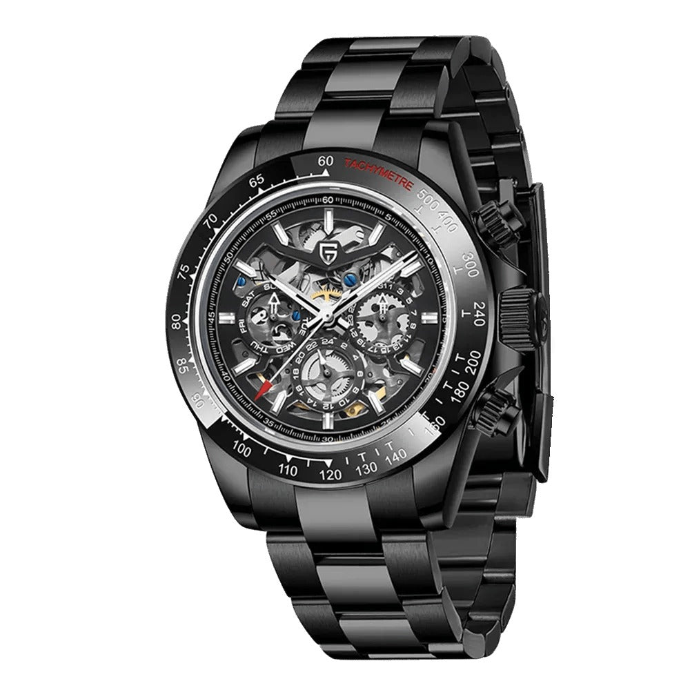 Pagani Design PD-1777 full black PVD skeleton automatic watch with black steel bracelet