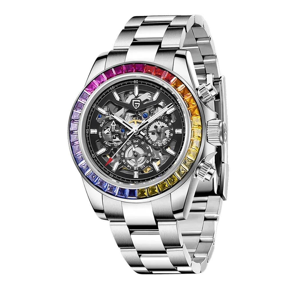 Pagani Design PD-1777 rainbow crystal bezel skeleton dial automatic on a steel bracelet