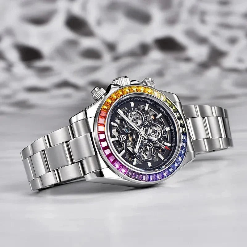 Pagani Design PD-1777 side angle showing the rainbow bezel, pushers and steel case