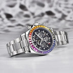 Pagani Design PD-1777 side angle showing the rainbow bezel, pushers and steel case