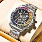 Pagani Design PD-1777 rainbow bezel skeleton watch presented in its gift box