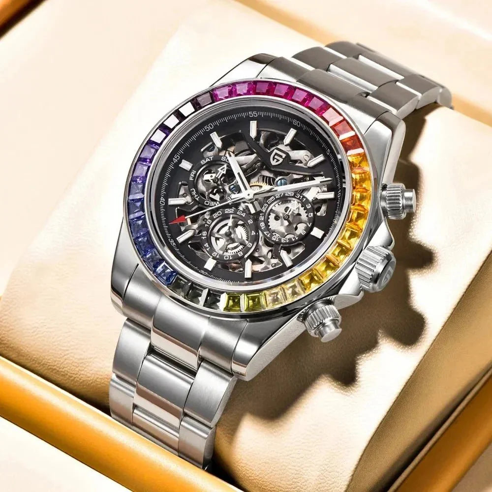 Pagani Design PD-1777 rainbow bezel skeleton watch presented in its gift box