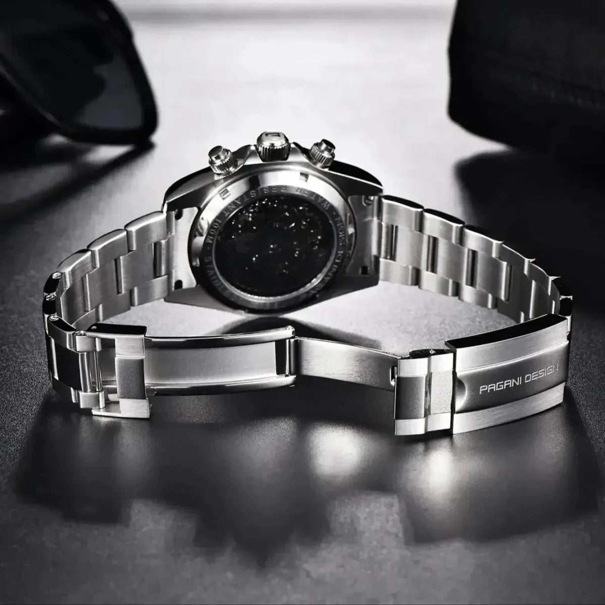 Pagani Design PD-1777 steel bracelet folding clasp engraved with the brand name, watch face down