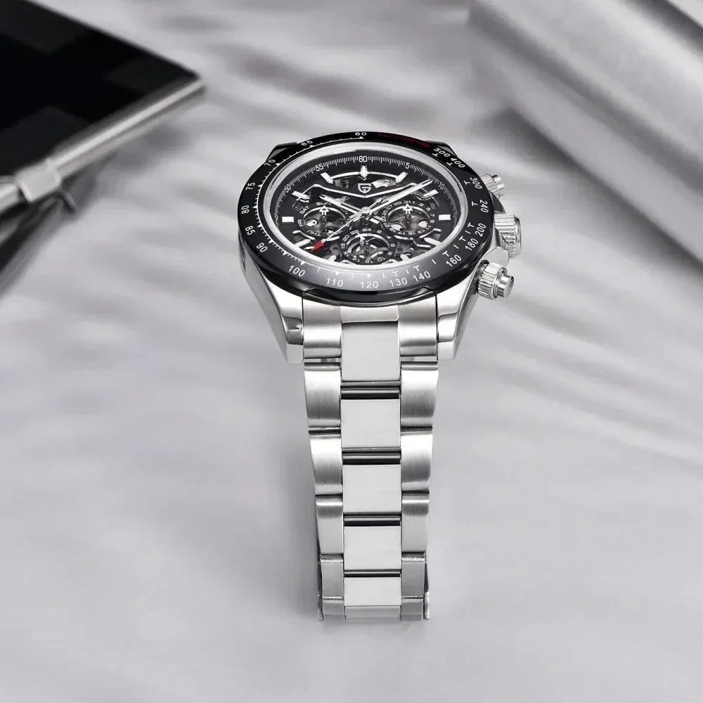 Pagani Design PD-1777 black bezel skeleton watch resting on white fabric, lifestyle shot