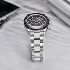 Pagani Design PD-1777 black bezel skeleton watch resting on white fabric, lifestyle shot