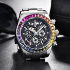 Pagani Design PD-1777 rainbow bezel watch styled beside sunglasses on a dark surface