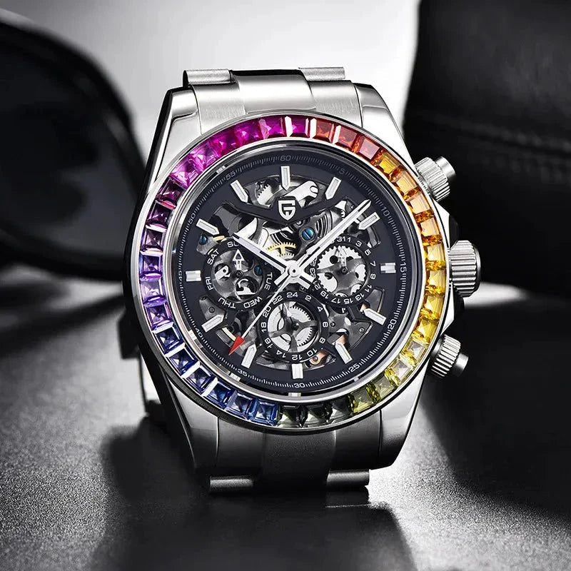 Pagani Design PD-1777 rainbow bezel watch styled beside sunglasses on a dark surface