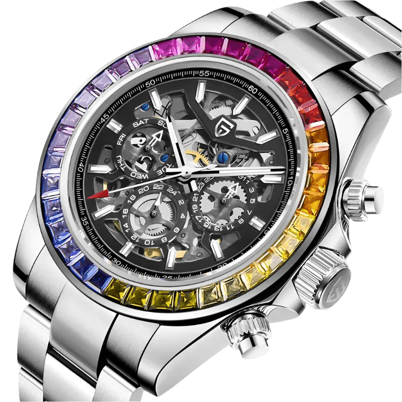 Pagani Design PD-1777 macro of the rainbow gem bezel and open-worked skeleton dial