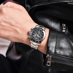Pagani Design PD-1777 black bezel model worn on the wrist with a leather jacket