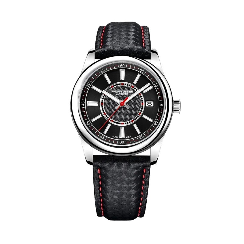 PAGANI DESIGN PD-1778 automatic watch with black dial red accents and carbon-fiber leather strap