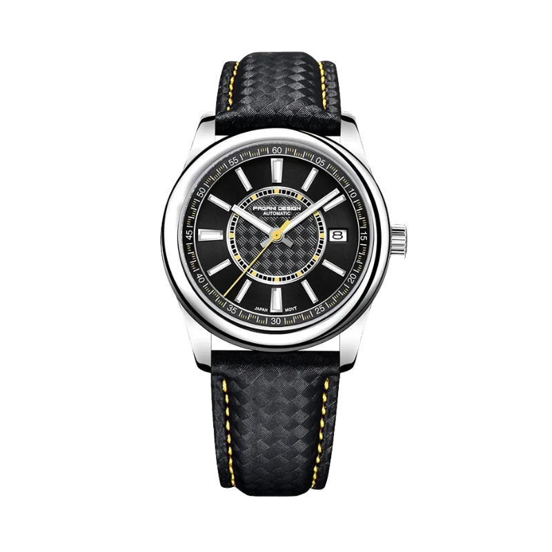 PAGANI DESIGN PD-1778 automatic watch with black dial yellow accents and carbon-fiber leather strap