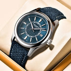 PAGANI DESIGN PD-1778 automatic watch with blue dial and canvas strap displayed in tan gift box