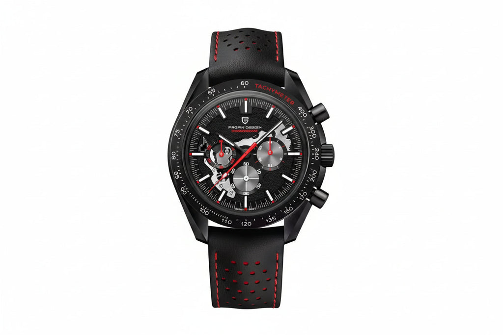 PAGANI DESIGN PD-1779 skeleton chronograph watch with black dial and red accents front view