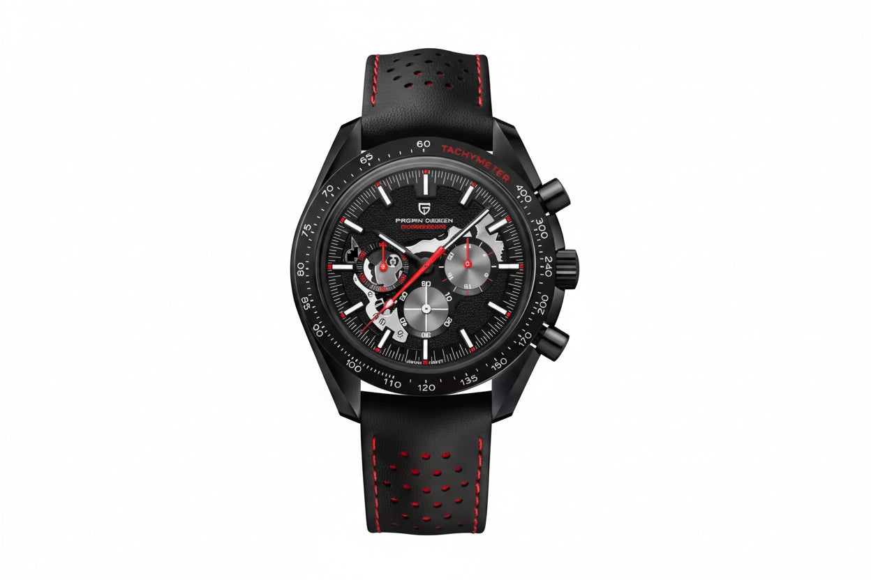 PAGANI DESIGN PD-1779 skeleton chronograph watch with black dial and red accents front view