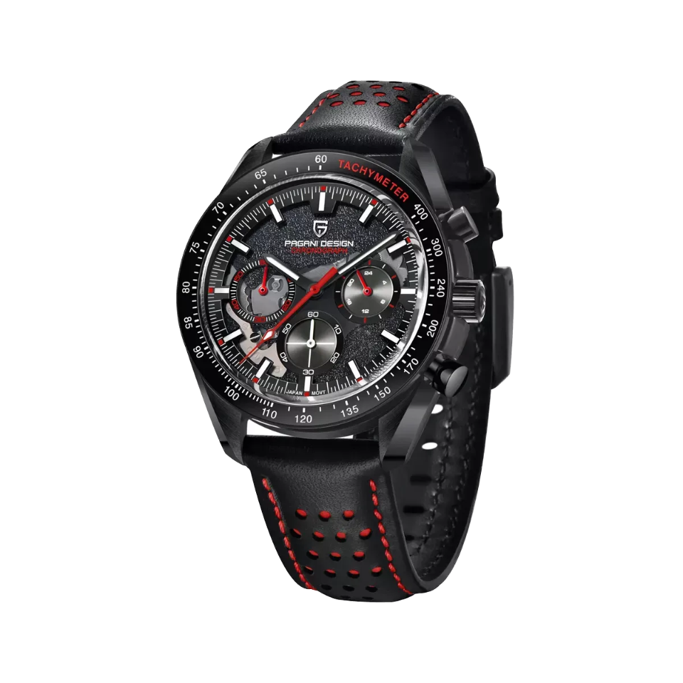 PAGANI DESIGN PD-1779 skeleton chronograph watch with black dial and red accents side view
