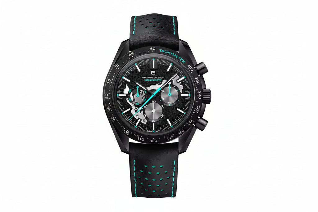 PAGANI DESIGN PD-1779 skeleton chronograph watch with black dial and teal accents front view